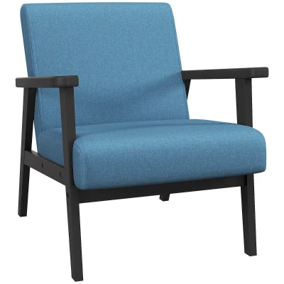 HOMCOM Mid-Century Modern Accent Chair Retro Fabric Armchair Wooden Arm Upholstered Lounge Chair for Living Room Blue
