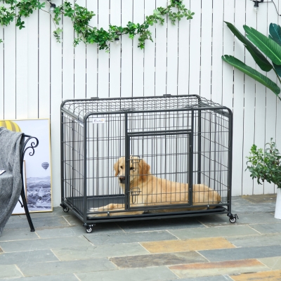 PawHut Folding Heavy Duty Dog Crate Heavy Duty Cage for Large Sized Dogs with Double Doors, Lockable Wheels Tray, 43" x 28" x 31"