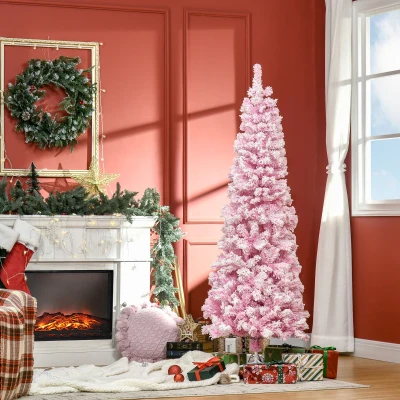 HOMCOM 6ft Slim Pink Flocked Artificial Christmas Tree, Unlit