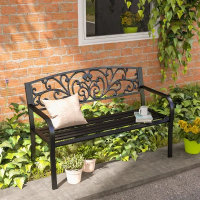 Outsunny 50" Metal Garden Bench, Floral Backrest, Black