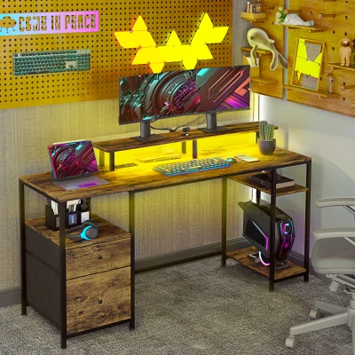 HOMCOM 61" Computer Desk with LED Lights, USB, Storage, Brown