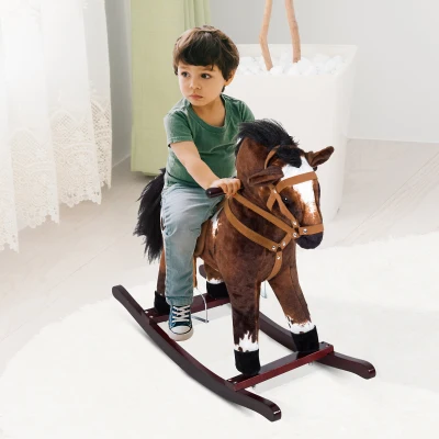 Qaba Kids Plush Rocking Horse Chair Toy, Dark Brown/White