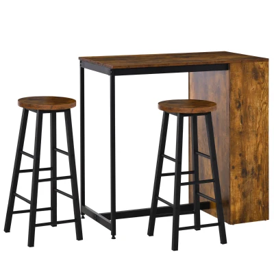 HOMCOM 3 Piece Industrial Dining Table Set, Counter Height Bar Table & Stools Set with Storage Shelf, Rustic Brown/Black