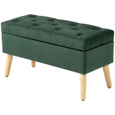 HOMCOM Storage Ottoman with Lid, Velvet Upholstered Storage Bench with Wood Legs for Living Room, Dark Green