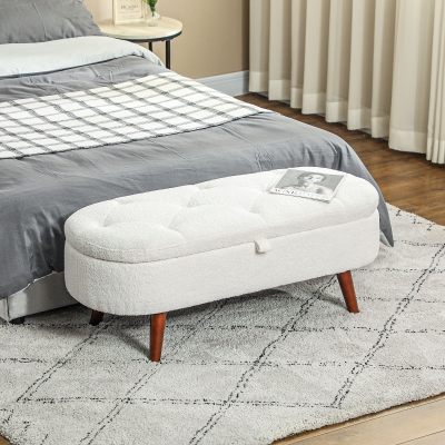 HOMCOM Boucle Bedroom Bench with Storage, Tufted Teddy Fleece Storage Ottoman Bench with Wood Legs for Living Room, White