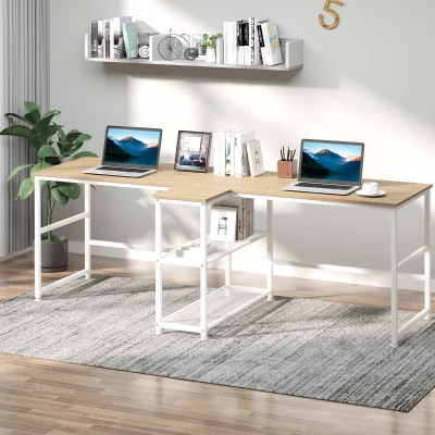 HOMCOM 83" Double Desk Workstation with 2 Storage Shelves, Natural