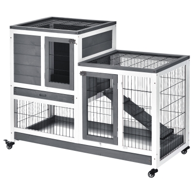 PawHut Wooden Rabbit Hutch, Elevated Small Animal Habitat, Gray