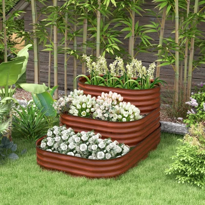 Outsunny 3-Tier Raised Garden Bed Set, Open Bottom for Plants, Brown