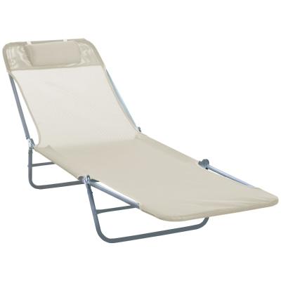 Outsunny Outdoor Lounge Chair, Portable Adjustable Reclining Seat Folding Chaise Lounge Patio Camping Beach Tanning Chair Bed with Pillow, Beige