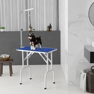 PawHut Foldable Pet Grooming Table for Dogs Cats with Adjustable Arm, Non-slip Surface, Blue