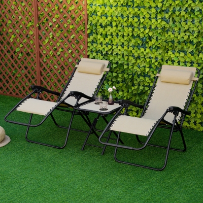 Outsunny Zero Gravity Chair Set of 2 Patio Chair with Side Table Cupholders and Pillows for Pool, Backyard, Lawn, Beige