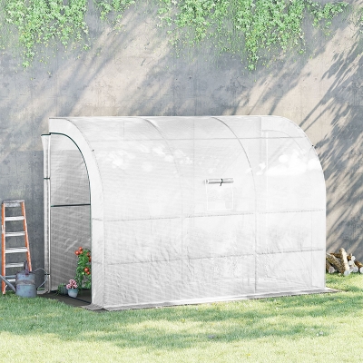 Outsunny Walk-in Wall Lean-to Greenhouse, 10' x 5' x 7' Outdoor Gardening Green House with PE Cover, Windows, Shelves and 2 Zipper Doors, White