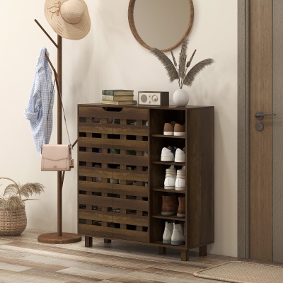 HOMCOM Shoe Cabinet, 21 Pair Shoe Storage Cabinet Organizer with 5-tier Double Door Cupboard and 5-tier Open Shelves, Brown