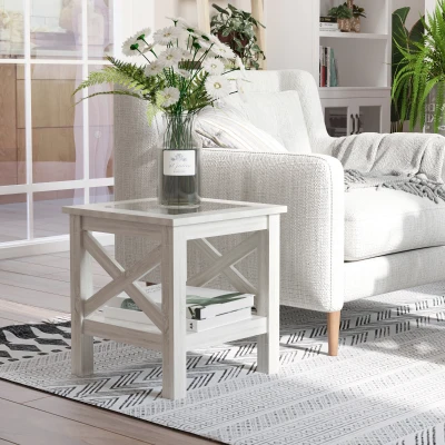 HOMCOM Small Square End Table with Glass Top & Storage, White Oak