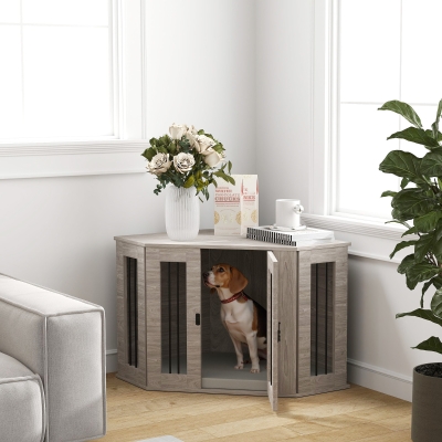 PawHut Dog Crate Furniture with Cushion, 41 Inch Corner Design Dog Crate End Table for Medium Dogs, Grey