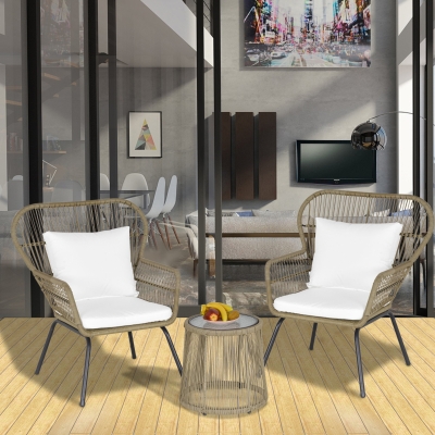 Outsunny 3 Pieces Wicker Patio Furniture Set, Rattan Bistro Set with Coffee Table and Cushions, Outdoor Conversation Set for Garden, Porch, Balcony, Coffee and White
