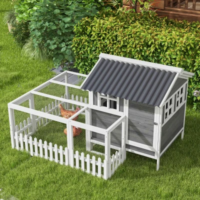 PawHut Wooden Chicken Coop with Run for 3-4 Chickens, 68" x 59" x 42"(m-8)