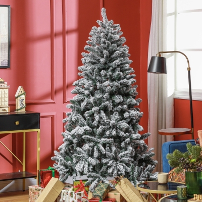 HOMCOM 6 Foot Artificial Flocked Christmas Tree with Snow, Metal Stand, Hinged Xmas Tree for Home Office Holiday