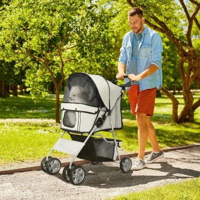 PawHut 4 Wheel Pet Stroller for Small Dogs Cats, Dog Stroller with Folding Sunshade Canopy, Pet Carrier Folding Sunshade Canopy with Brake, Safety Leash, Cup Holder, Grey