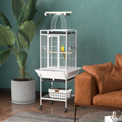 PawHut 61.5 Inch Bird Cage Parakeet House for Cockatiel with Stand, Pull Out Tray, Play Top, Storage Shelf, Wood Perch, Food Container