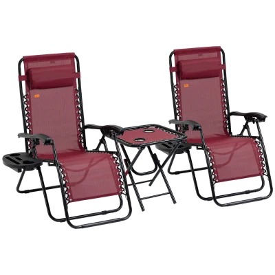 Outsunny Zero Gravity Chair Set of 2 Patio Chair with Side Table Cupholders and Pillows for Pool, Backyard, Lawn, Beach, Red