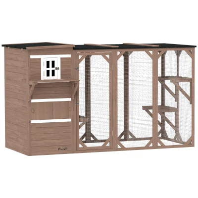 PawHut Wooden Cat Catio, 76"L Walk in Outdoor Cat House with Asphalt Roof, Platforms, Lockable Doors for 2-3 Cats, Brown