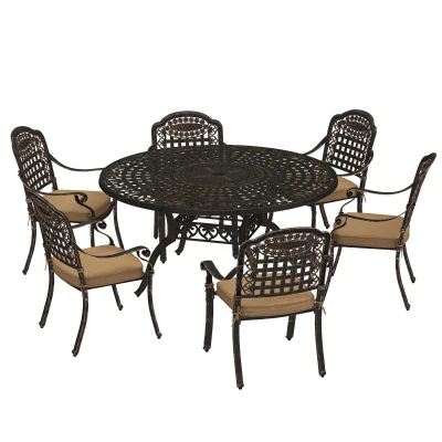 Outsunny 7 Pieces Outdoor Dining Set for 6, Aluminum Patio Table and Chairs Furniture Set with Umbrella Hole, Cushions, Bronze