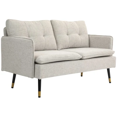 HOMCOM Modern 55" Loveseat, Fabric Love Seat Sofa with Button Tufted Back, Steel Legs for Bedroom, Living Room, Cream White