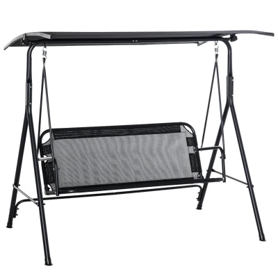 Outsunny 2-Person Porch Swing Chair, 2 Seater Patio Swing Bench w/ Adjustable Canopy, Breathable Seat for Garden, Poolside, Black