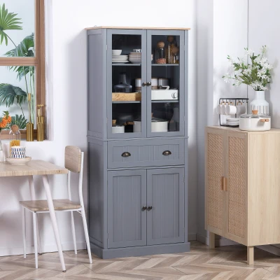 HOMCOM 72" Kitchen Pantry Cabinet with Glass Doors & Drawer, Grey