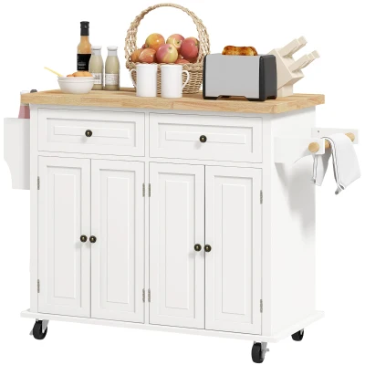 HOMCOM Kitchen Island with Storage, Rolling Trolley Cart with Rubber Wood Top, Spice Rack, Towel Rack, Cream White