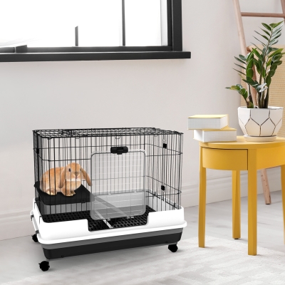PawHut 28"H 2-Level Small Animal Cage Rabbit Hutch with Universal Lockable Wheels, Slide-Out Tray for Bunny, Chinchillas, Ferret, Black