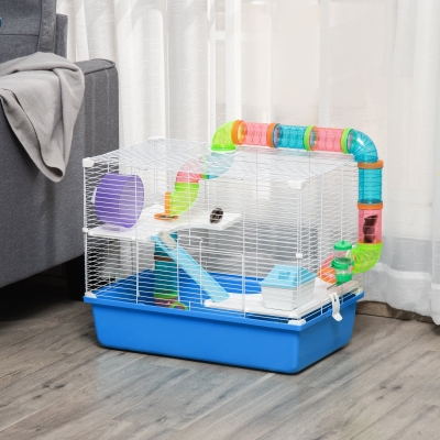 PawHut 3-Tier Large Toy-Filled Steel Small Animal Cage, Includes Exercise Wheel, Water Bottle, Food Dish, Blue