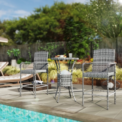 Outsunny 3 Pieces Patio Bar Set, Rattan Bistro Table and Chairs, Outdoor Conversation Furniture Set with Ice Bucket, Mixed Grey