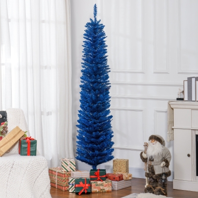 HOMCOM 7' Pencil Christmas Tree, Slim Artificial Xmas Tree with Realistic Branches, Sturdy Metal Stand, Deep Blue