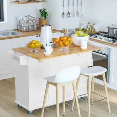 HOMCOM Mobile Kitchen Island Cart, White, Dropleaf Top, Storage