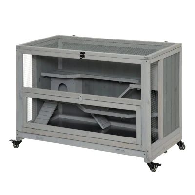 PawHut 3 Tier Wooden Hamster Cage with Wheels for Dwarf Hamster, Light Grey