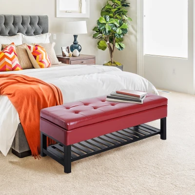HomCom 44" Tufted Faux Leather Storage Bench, Crimson Red