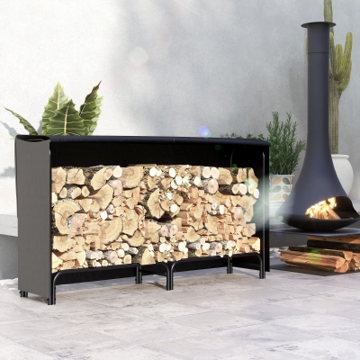 Outsunny 6ft Outdoor Firewood Rack with Cover, Adjustable Wood Storage Holder, Indoor Outdoor Log Rack for Fireplace, Black