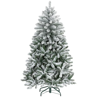 HOMCOM 5 Foot Artificial Flocked Christmas Tree with Snow, Metal Stand, Hinged Xmas Tree for Home Office Holiday