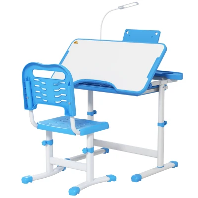 Qaba Kids Desk and Chair Set Height Adjustable Student Writing Desk Children School Study Table with Tilt Desktop, Blue