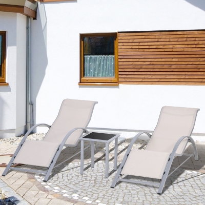 Outsunny 3 Pieces Patio Pool Lounge Chairs Set, Outdoor Chaise lounge with 2 S-Shaped Sunbathing Chairs and a Glass Top Table, for Yard Garden, Cream White