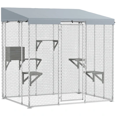 PawHut 79" L Galvanized Steel Catio Outdoor Cat Enclosure w/ 420D Waterproof Canopy, Multiple Platforms, Resting Condo, Silver