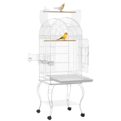 PawHut Play Open Top Bird Cage 60" Parrot Cage for Cockatiel, Sun Conure with Rolling Stand, Removable Tray, Perches, Storage Shelf White, 20.1" x 20.1"
