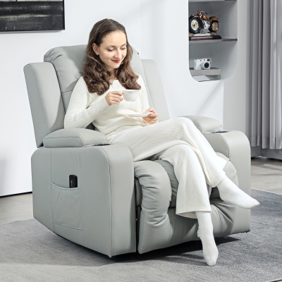 HOMCOM Recliner Chair with 8 Vibration, Overstuffed PU Leather Reclining Chair with Wide Seat, Cup Holders, Rocking, Light Grey