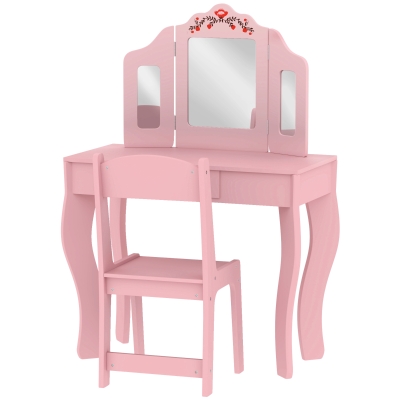 Qaba Kids Vanity Set, Dual-Use Dressing Table with Removable Tri-Folding Mirror and Drawer, for Ages 3-8, Pink