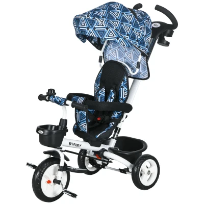 Qaba 6 in 1 Toddler Tricycle with Parent Push Handle, Canopy, Storage Baskets, Cupholder, Light Blue