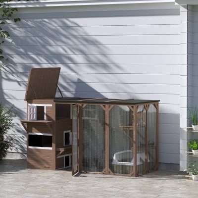 PawHut Wooden Cat Catio, 76"L Walk in Outdoor Cat House with Asphalt Roof, Platforms, Lockable Doors for 2-3 Cats, Brown