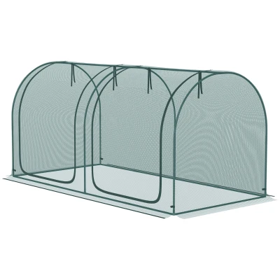 Outsunny 8' x 3' Crop Cage, Garden Plant Protector, with 3 Zippered Doors and 6 Ground Stakes, for Garden, Yard, Lawn Dark Green