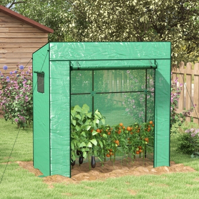Outsunny Walk-in Tomato Greenhouse Lean-to Green House with Reinforced PE Cover, Roll-up Door, Mesh Windows, Green